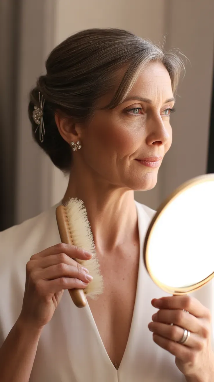 Woman over 50 with a longer shag haircut styled elegantly pinned back for a formal look