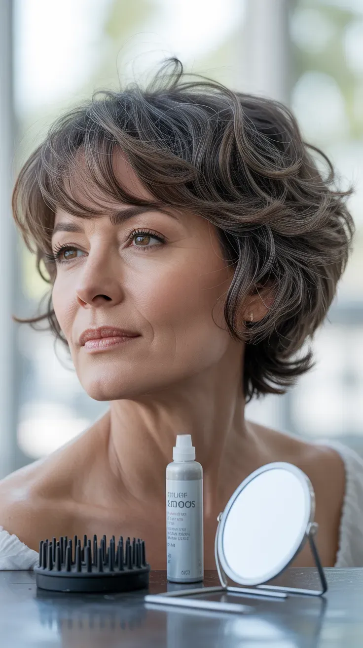 Woman over 50 with a shag haircut paired with a soft, wispy fringe