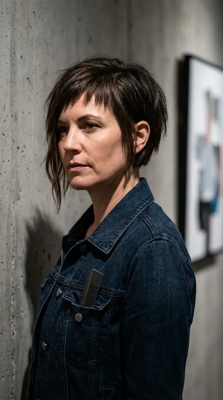 Asymmetrical shag bob haircut on woman with thin fine hair