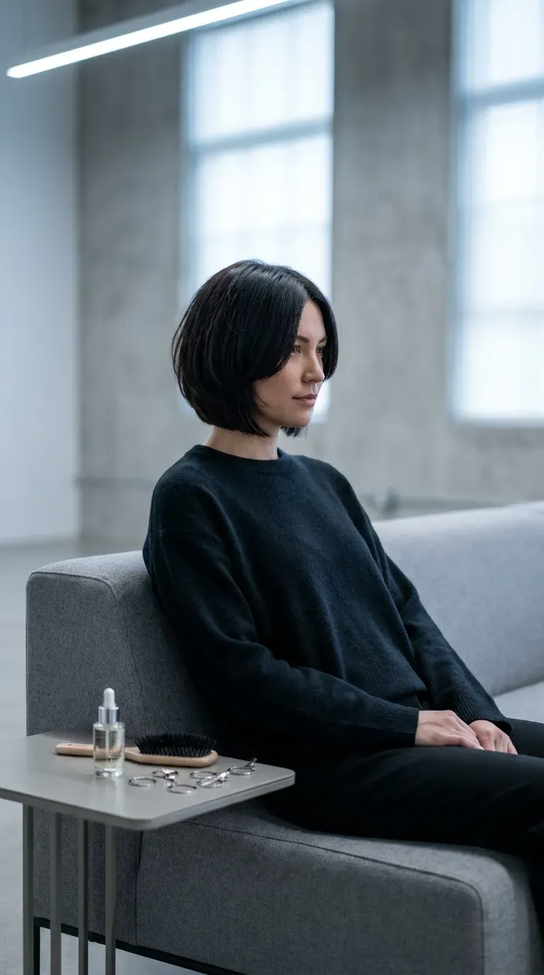 Blunt-ended shag bob haircut on woman with thin fine hair