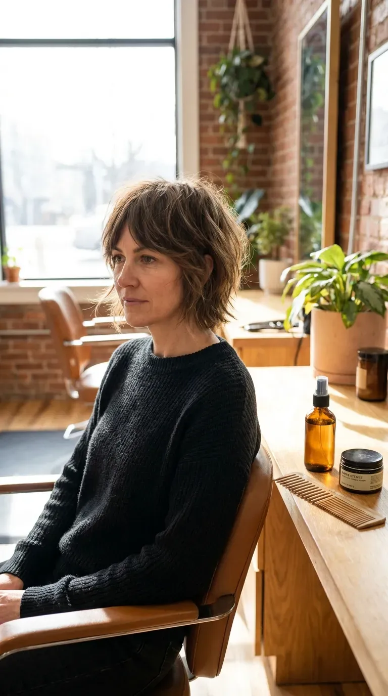 Woman with thin fine hair wearing a classic choppy shag bob haircut