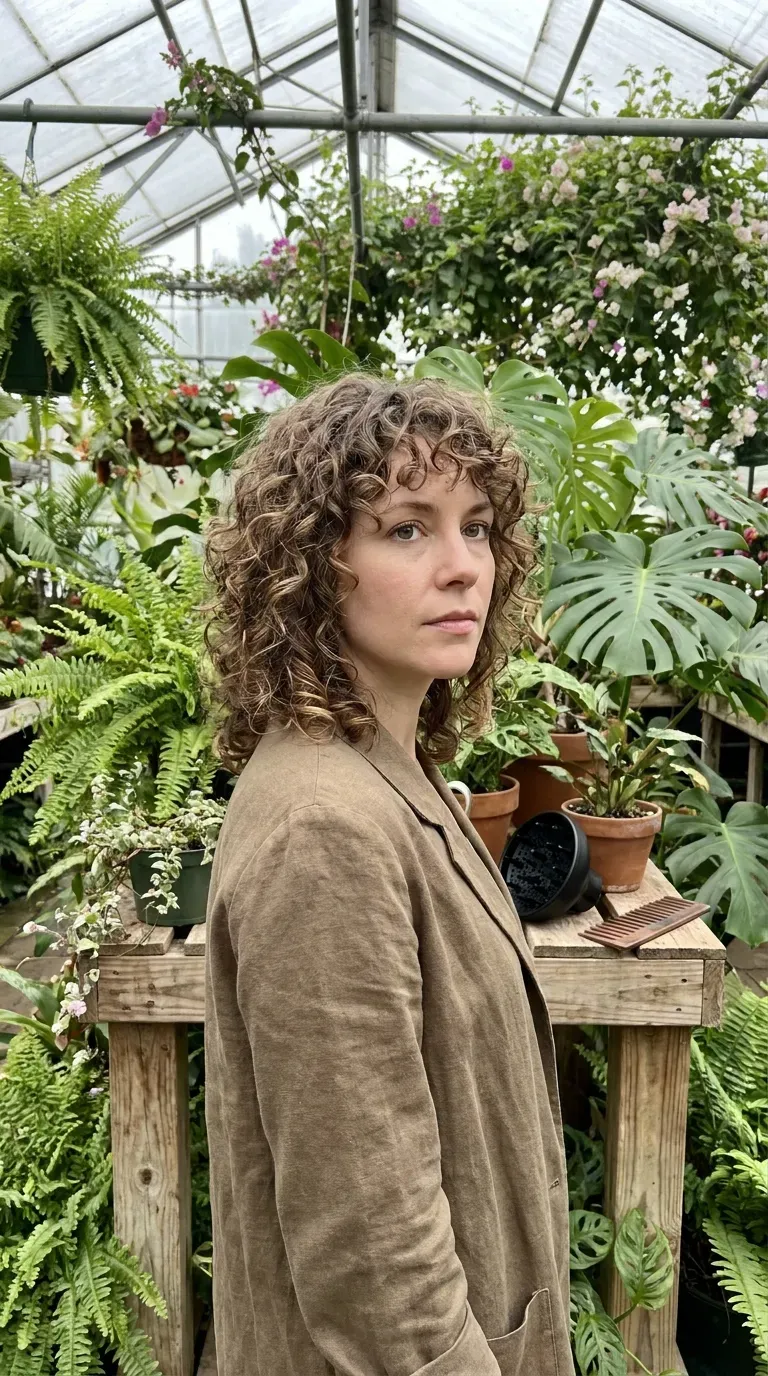 Curly shag bob haircut on woman with thin fine curly hair