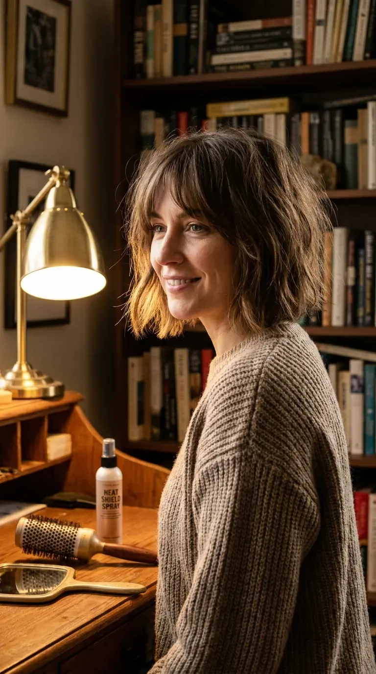 Shag bob haircut with curtain bangs on woman with thin fine hair