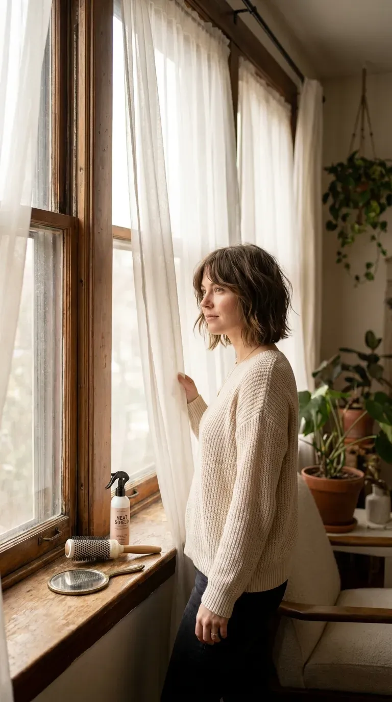 Shag bob haircut with curtain fringe on woman with thin fine hair