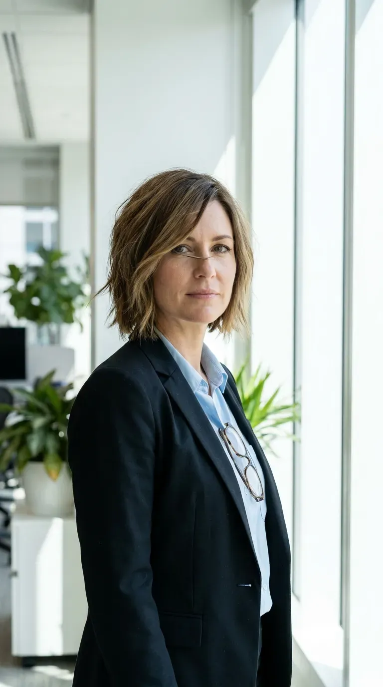Shag bob haircut with a deep side part on woman with thin fine hair