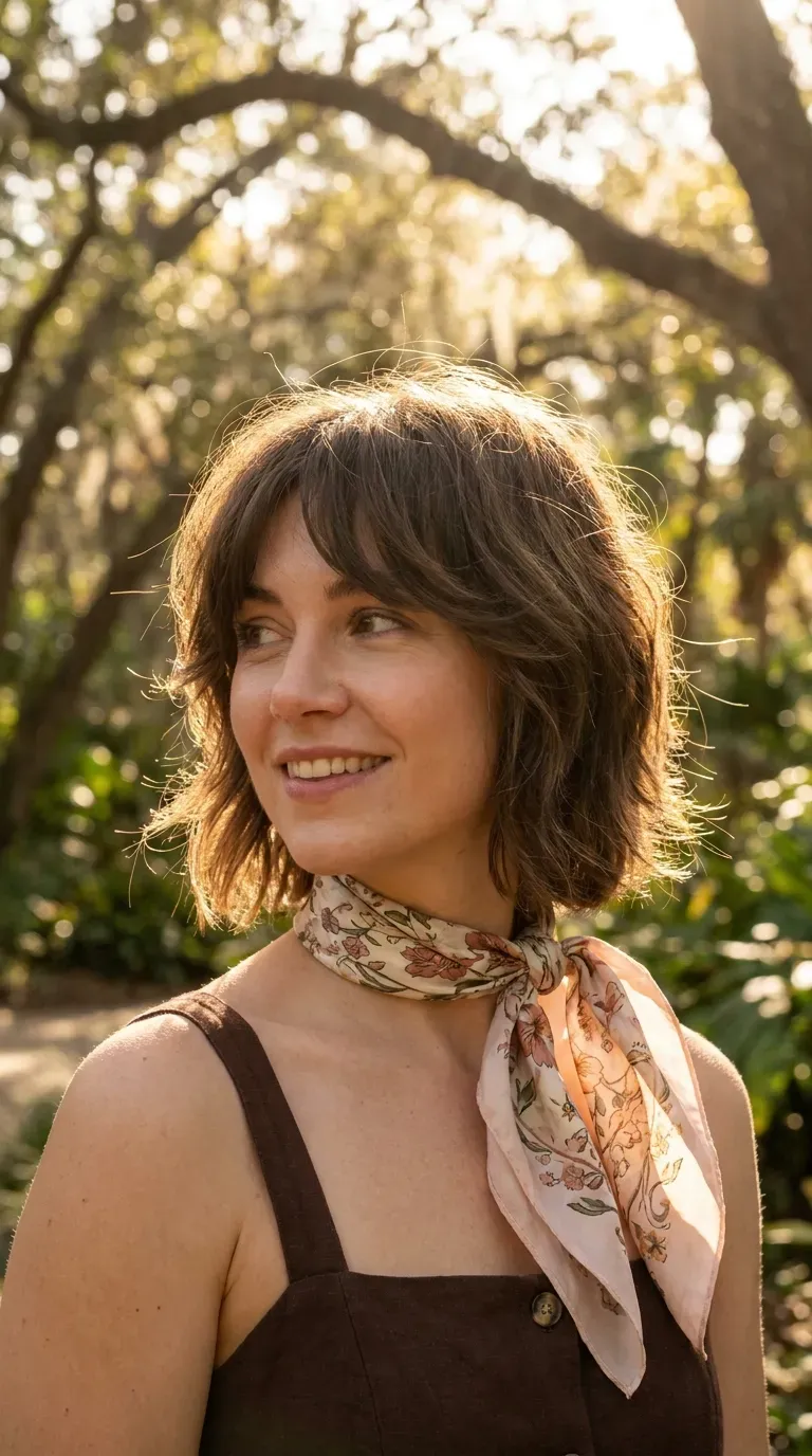 Shag bob haircut with soft face-framing layers on woman with thin fine hair