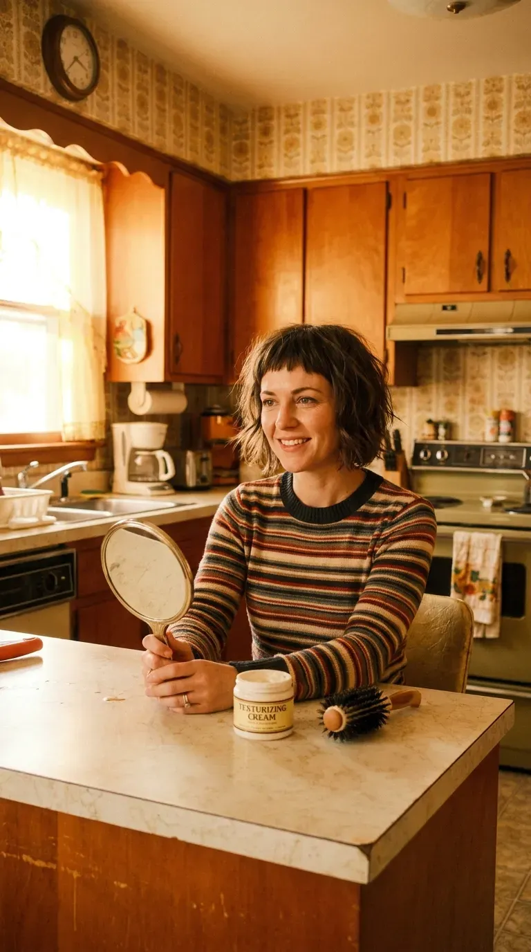 Shag bob haircut with micro bangs on woman with thin fine hair