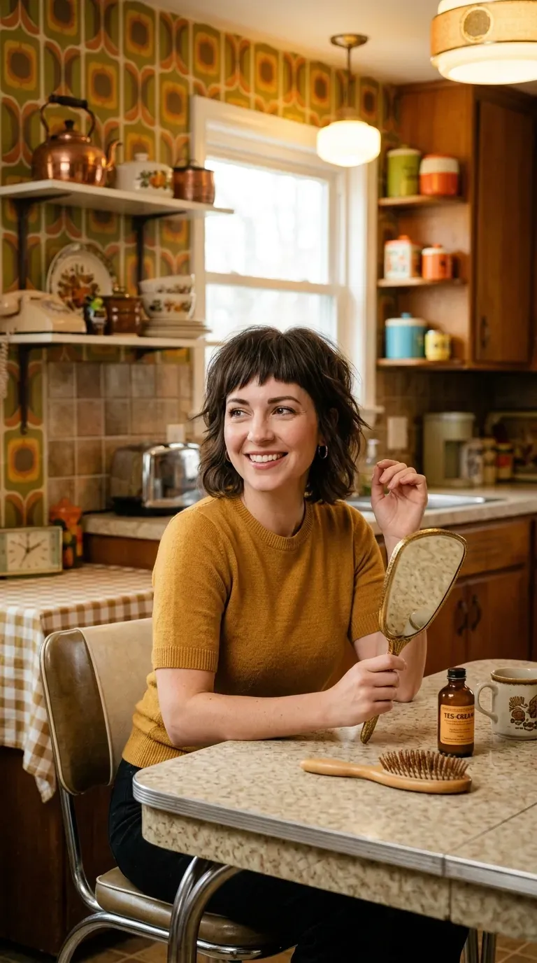 Shag bob haircut with razored textured ends on woman with thin fine hair