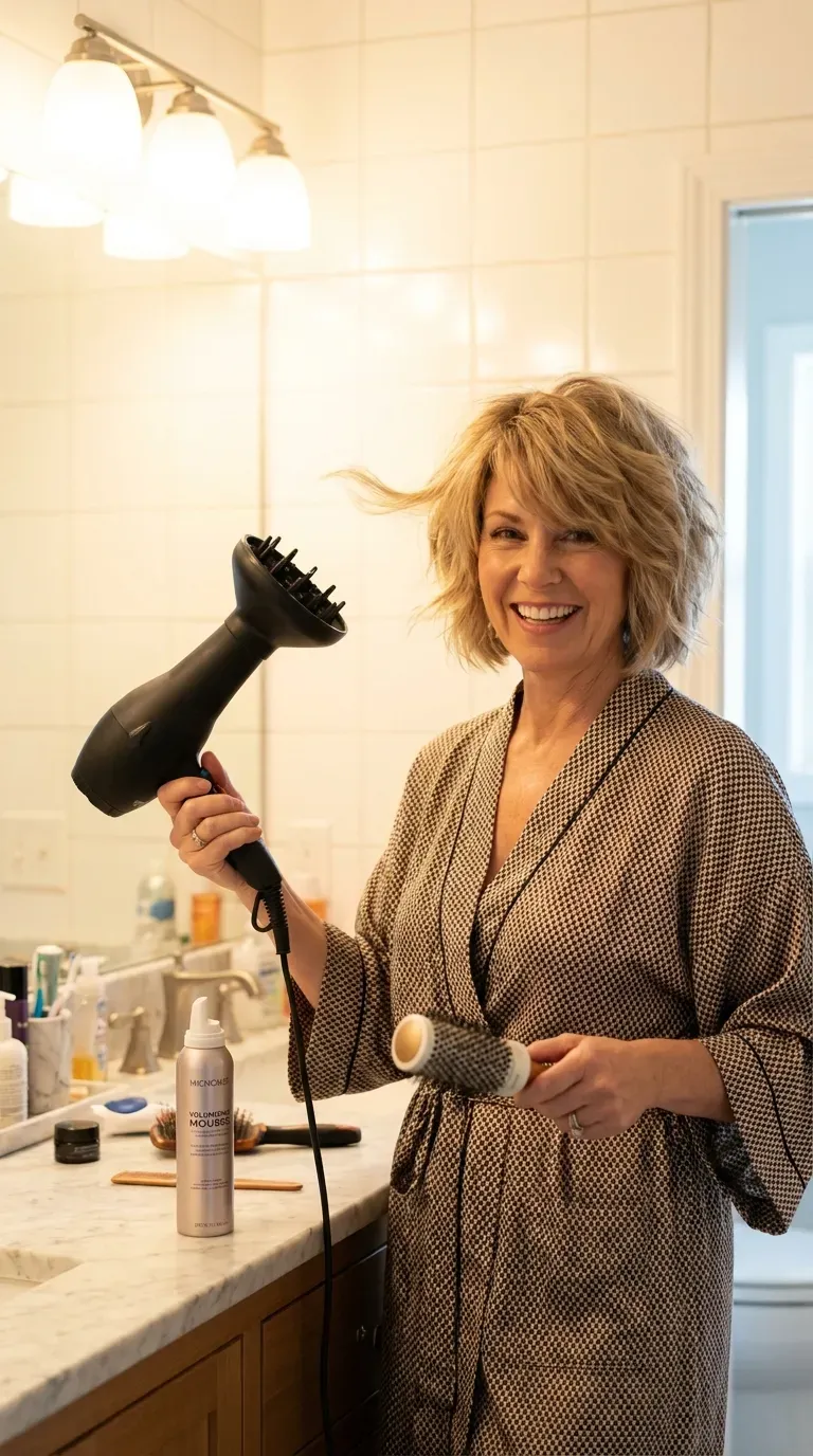 Shag bob haircut styled with a root volume blowout on woman with thin fine hair