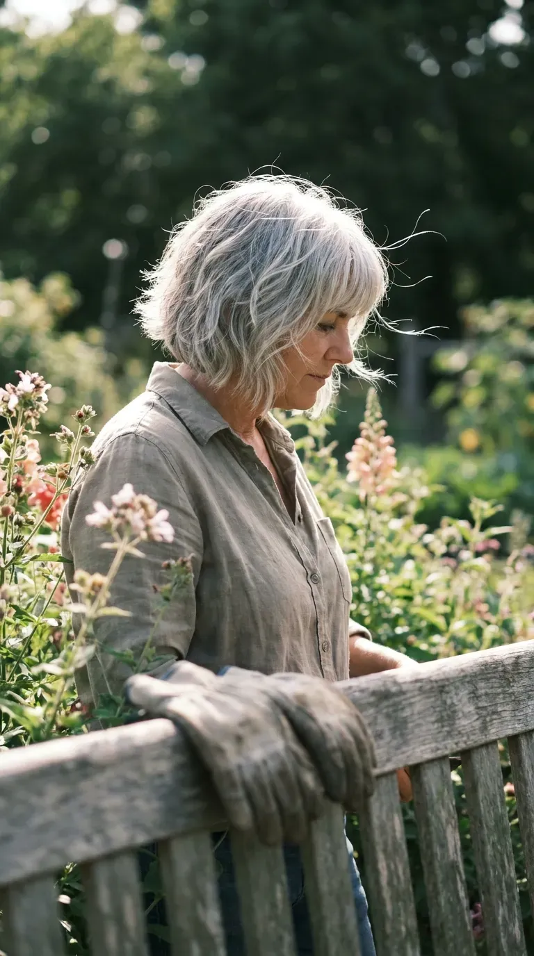Textured silver shag bob haircut on woman with thin fine gray hair