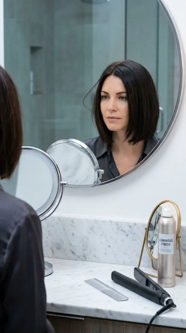 Sleek straight shag bob haircut on woman with thin fine hair