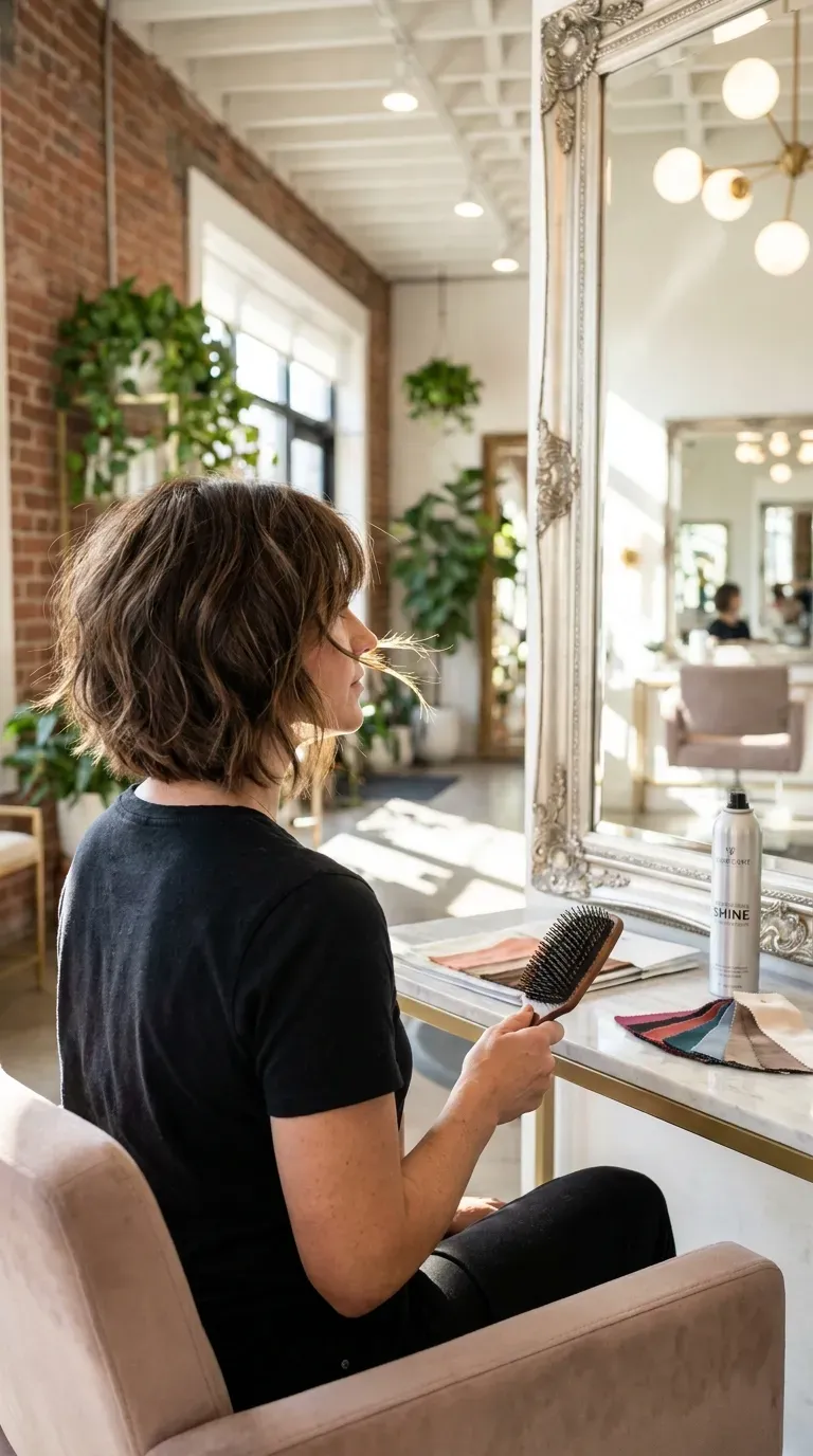 Shag bob haircut with subtle lowlights on woman with thin fine hair