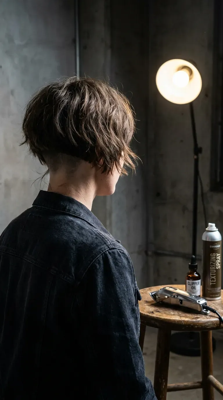 Undercut shag bob haircut on woman with thin fine hair