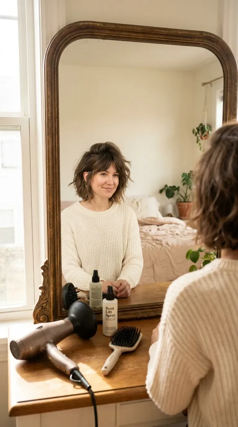 Shag bob haircut with lifted crown volume for thin fine hair