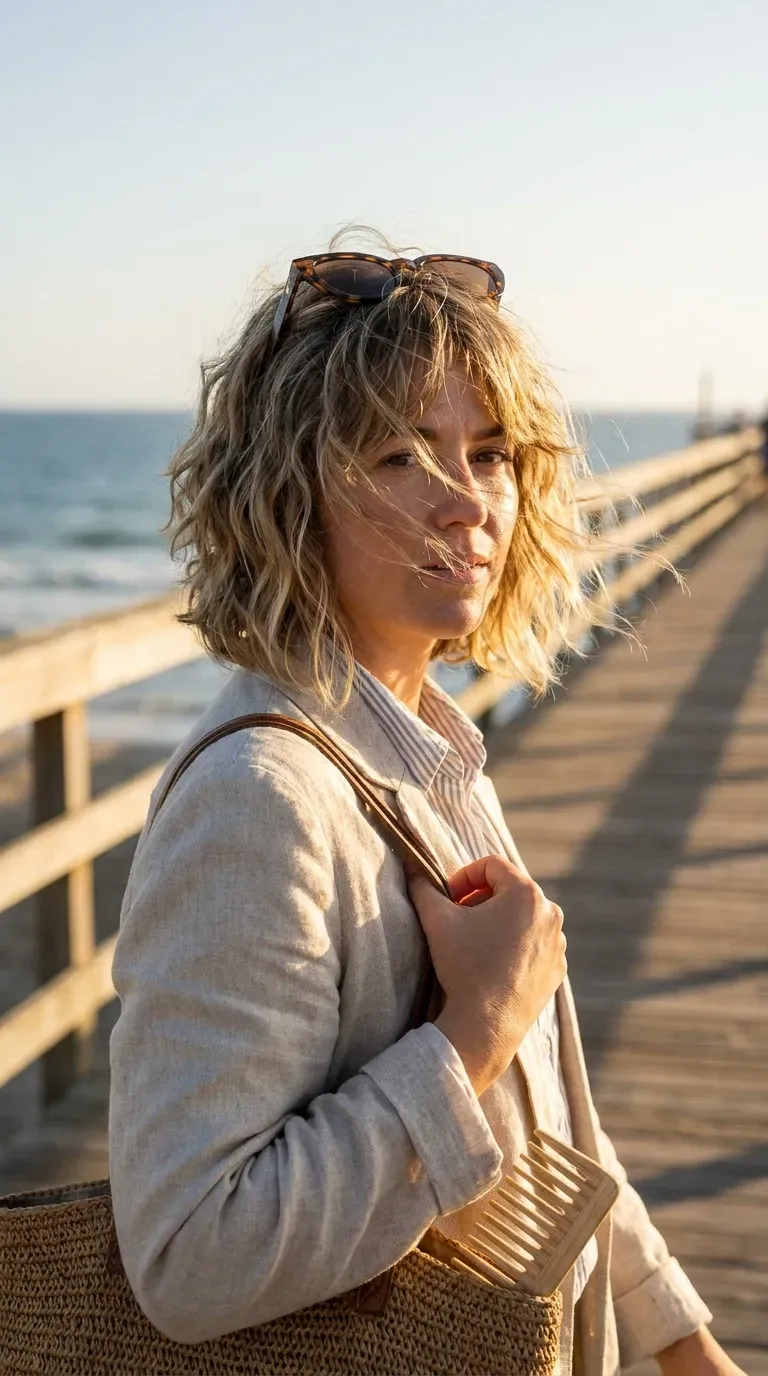 Wavy shag bob haircut on woman with thin fine hair and natural texture