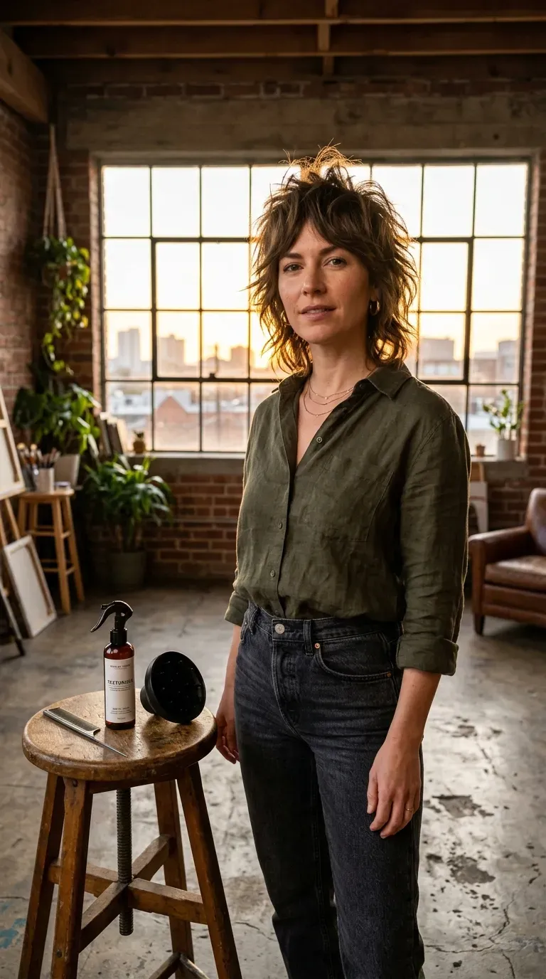 Wolf-inspired shag bob haircut with textured spiky layers on woman with thin fine hair