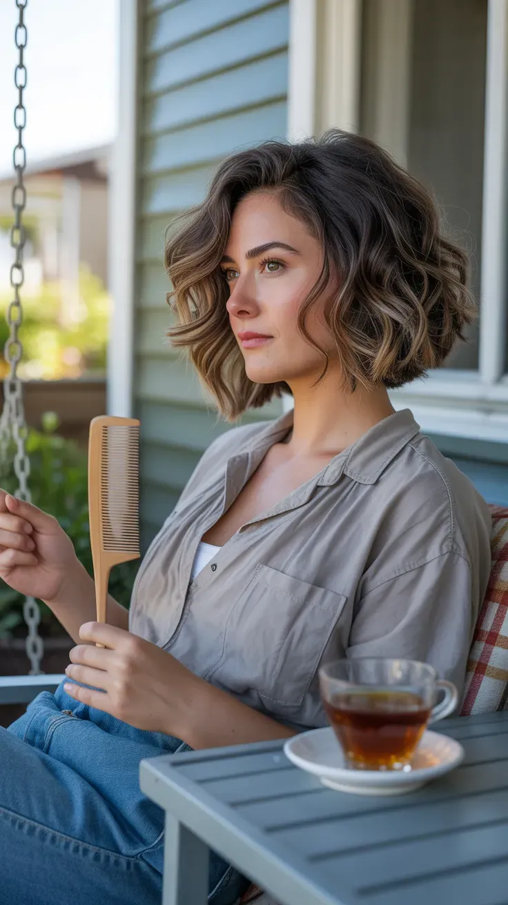 Shag lob haircut styled with natural air-dry waves on woman with fine hair