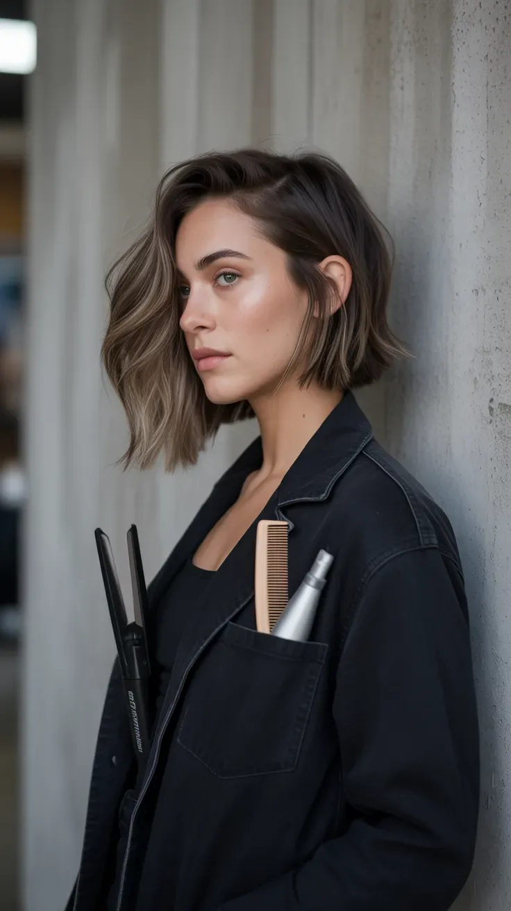 Asymmetrical shag lob haircut on woman with fine hair