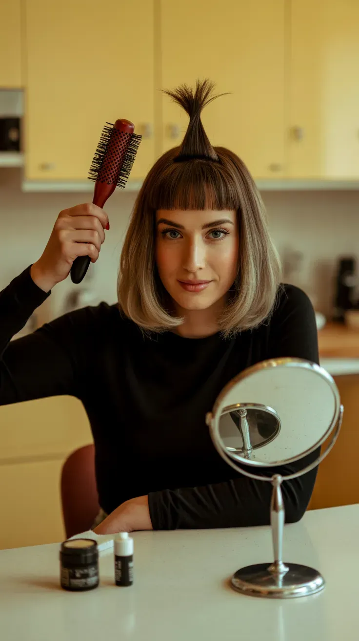 Shag lob haircut with blunt bangs on woman with fine hair