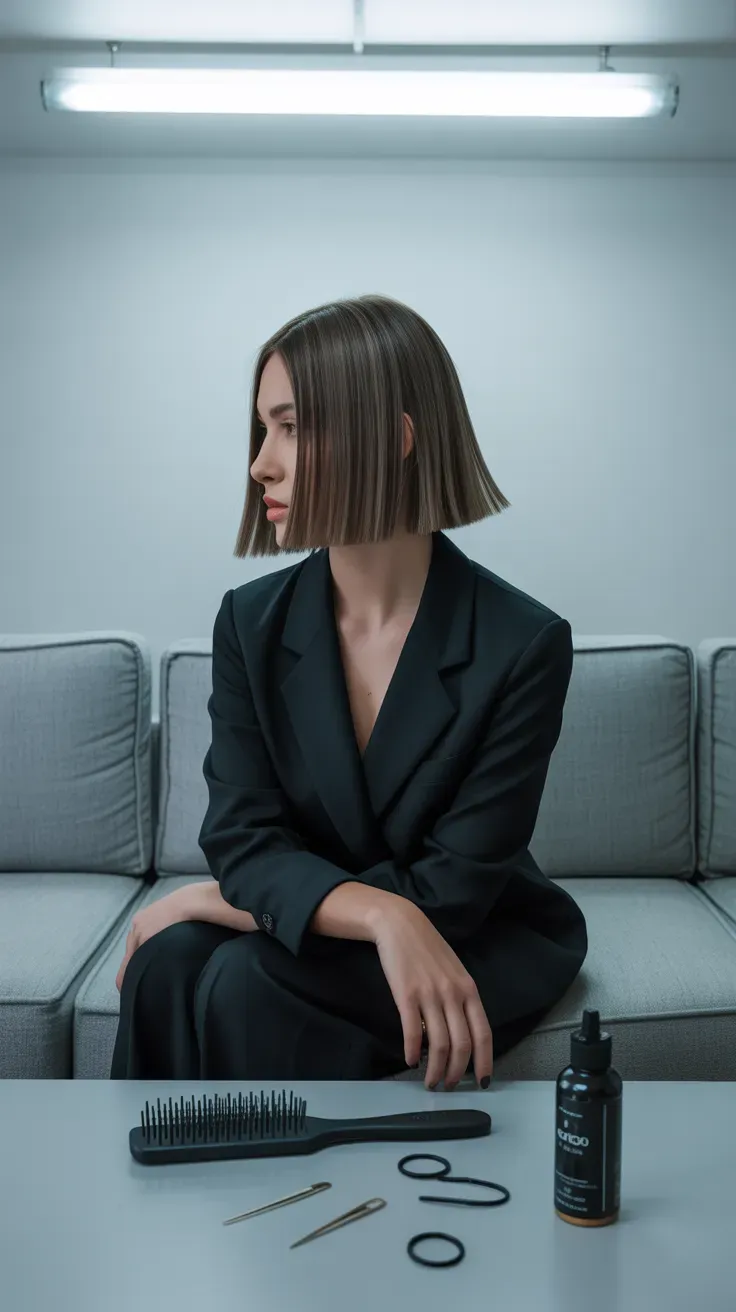 Blunt-ended shag lob haircut on woman with fine hair