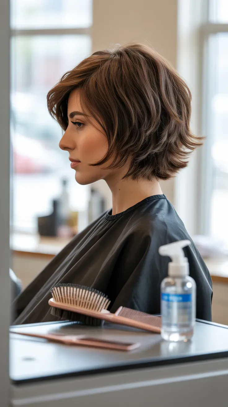 Woman with fine hair wearing a classic choppy shag lob haircut