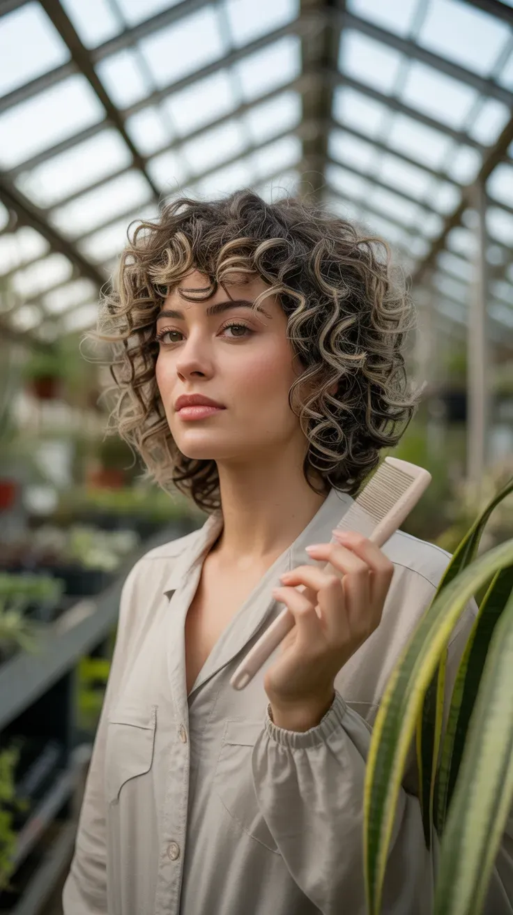 Curly shag lob haircut on woman with fine curly hair