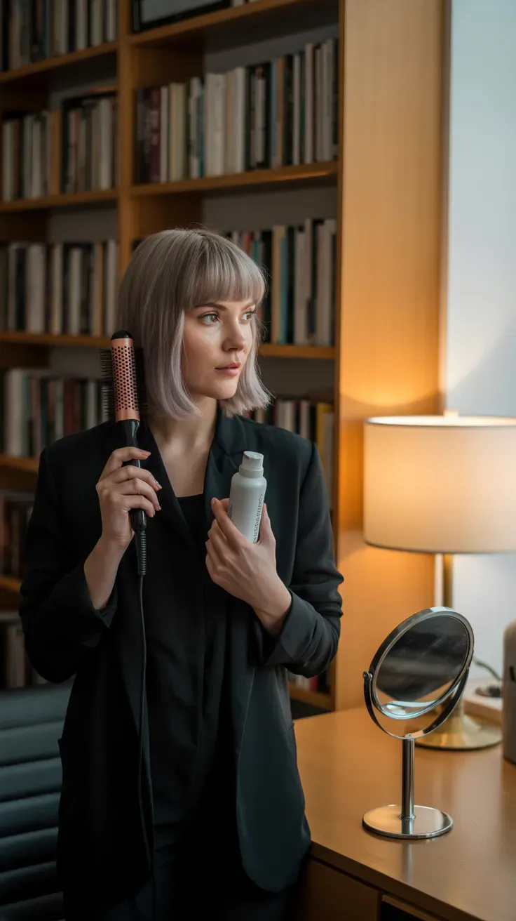 Shag lob haircut with curtain bangs on woman with fine hair