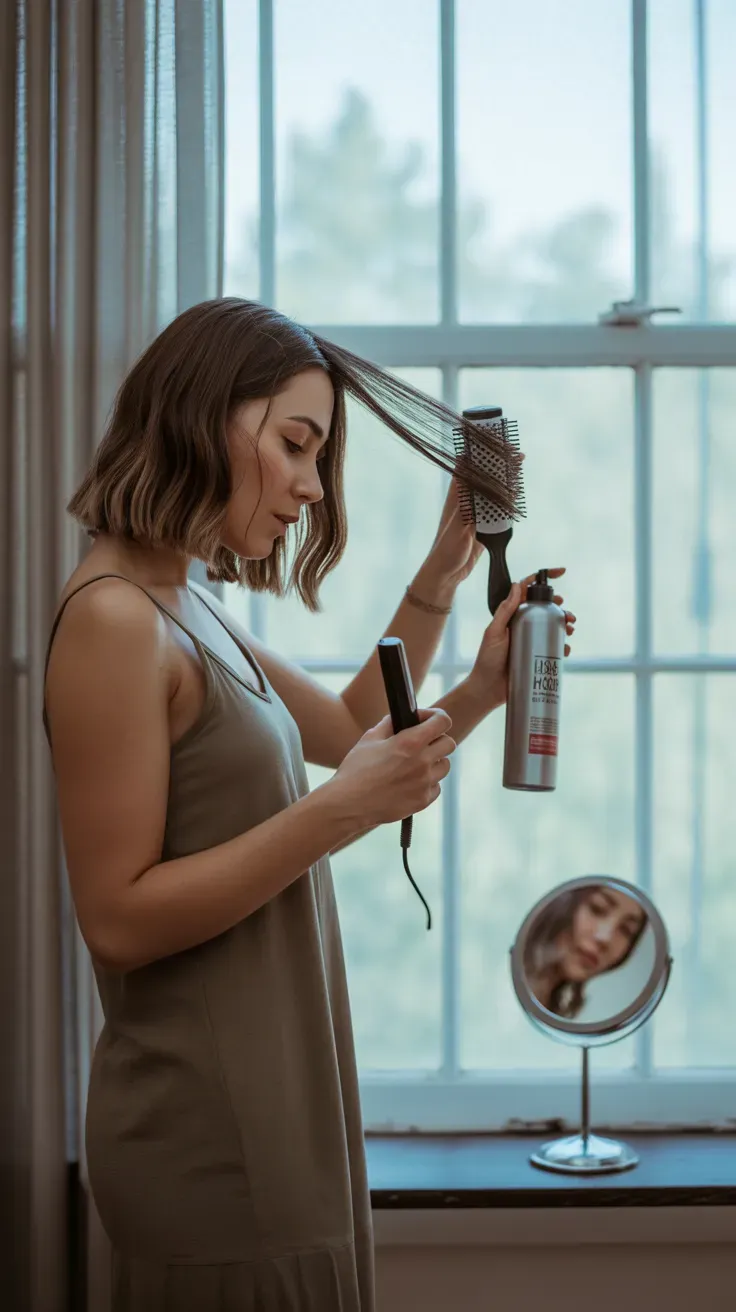 Shag lob haircut with curtain fringe on woman with fine hair