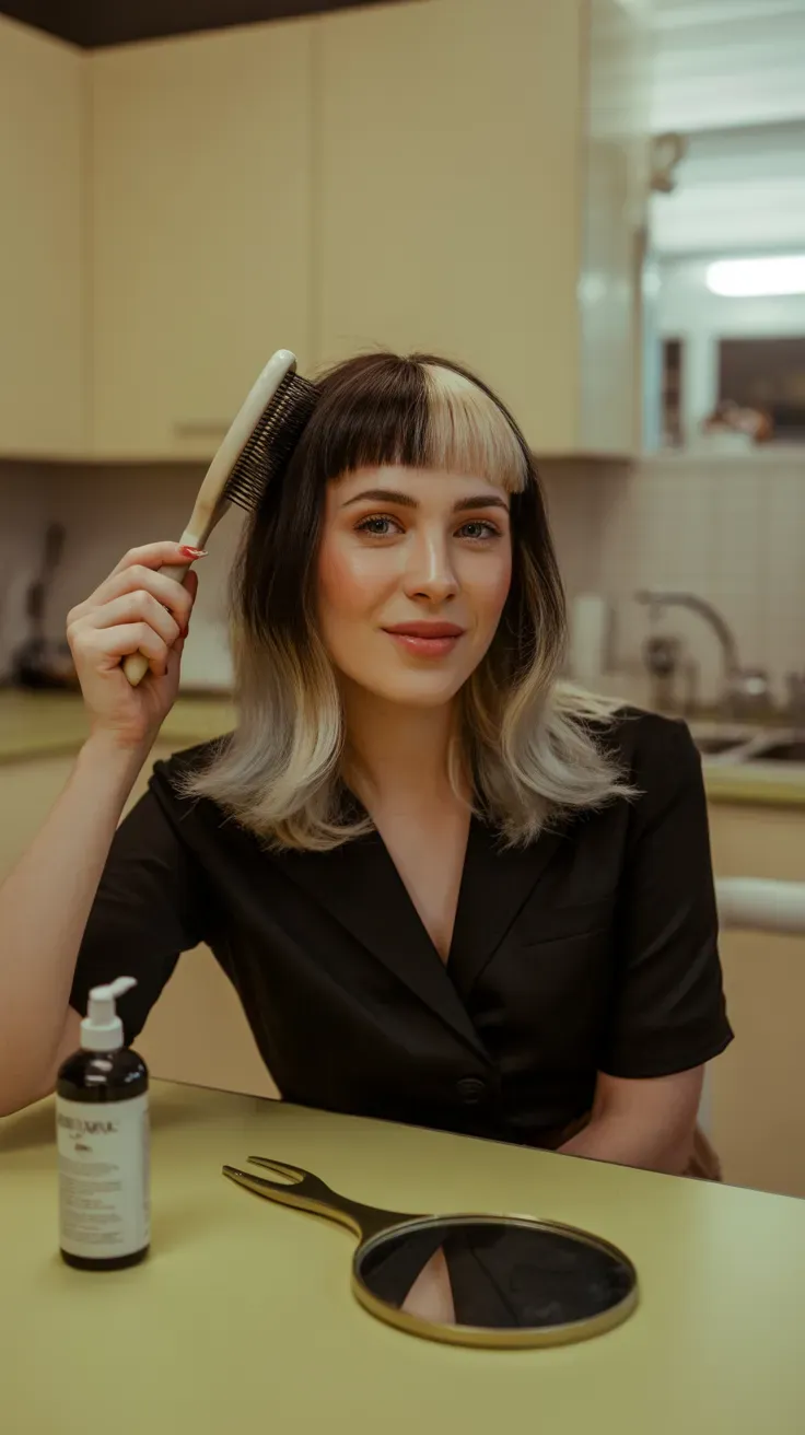 Shag lob haircut with micro bangs on woman with fine hair