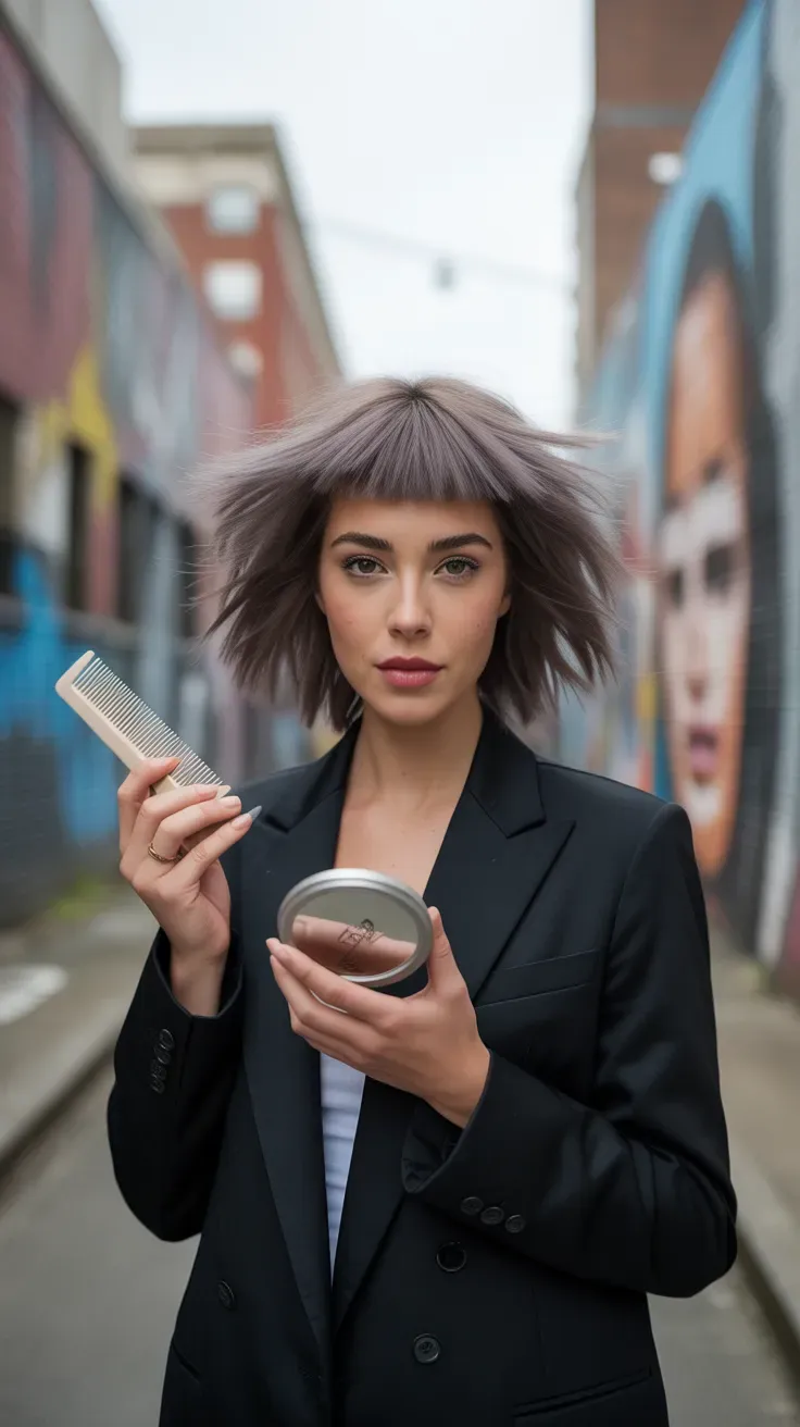 Piecey textured shag lob haircut on woman with fine hair