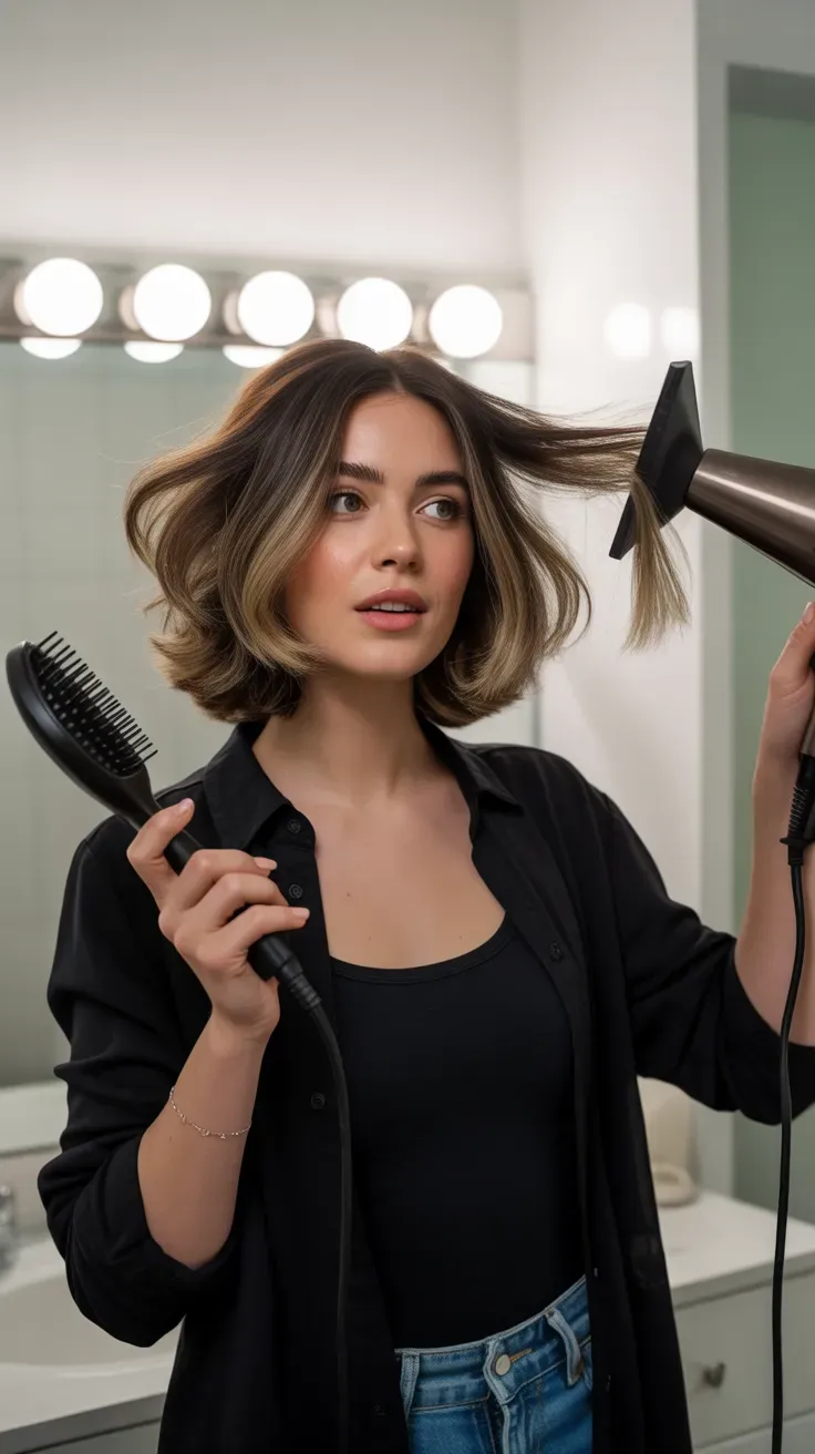 Shag lob haircut styled with a root volume blowout on woman with fine hair