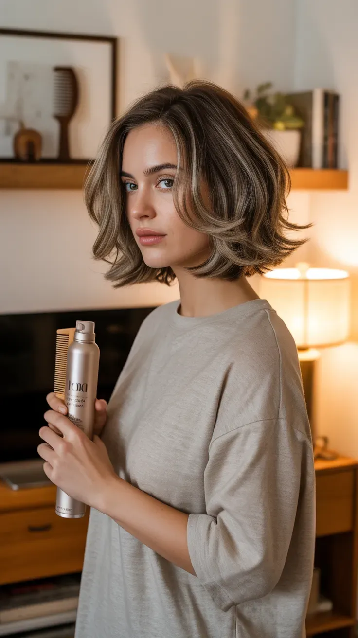 Rounded shag lob haircut on woman with fine hair