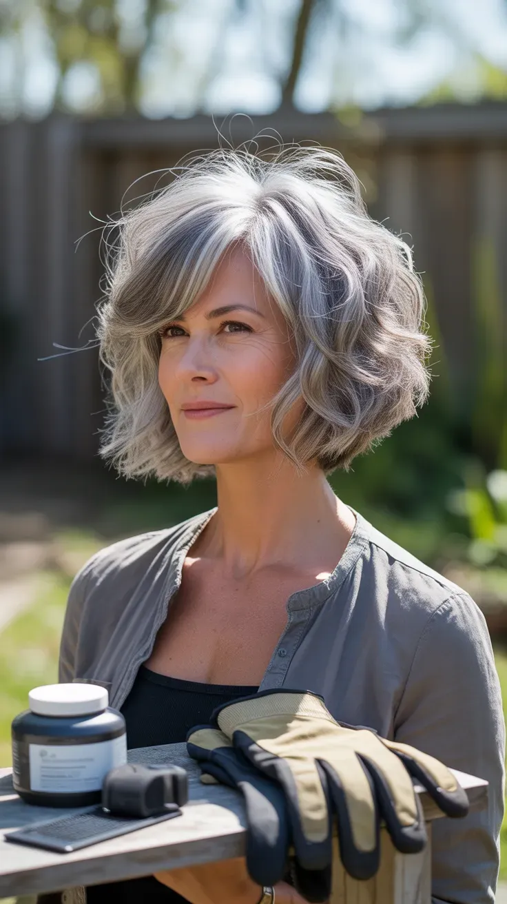 Textured silver shag lob haircut on woman with fine gray hair