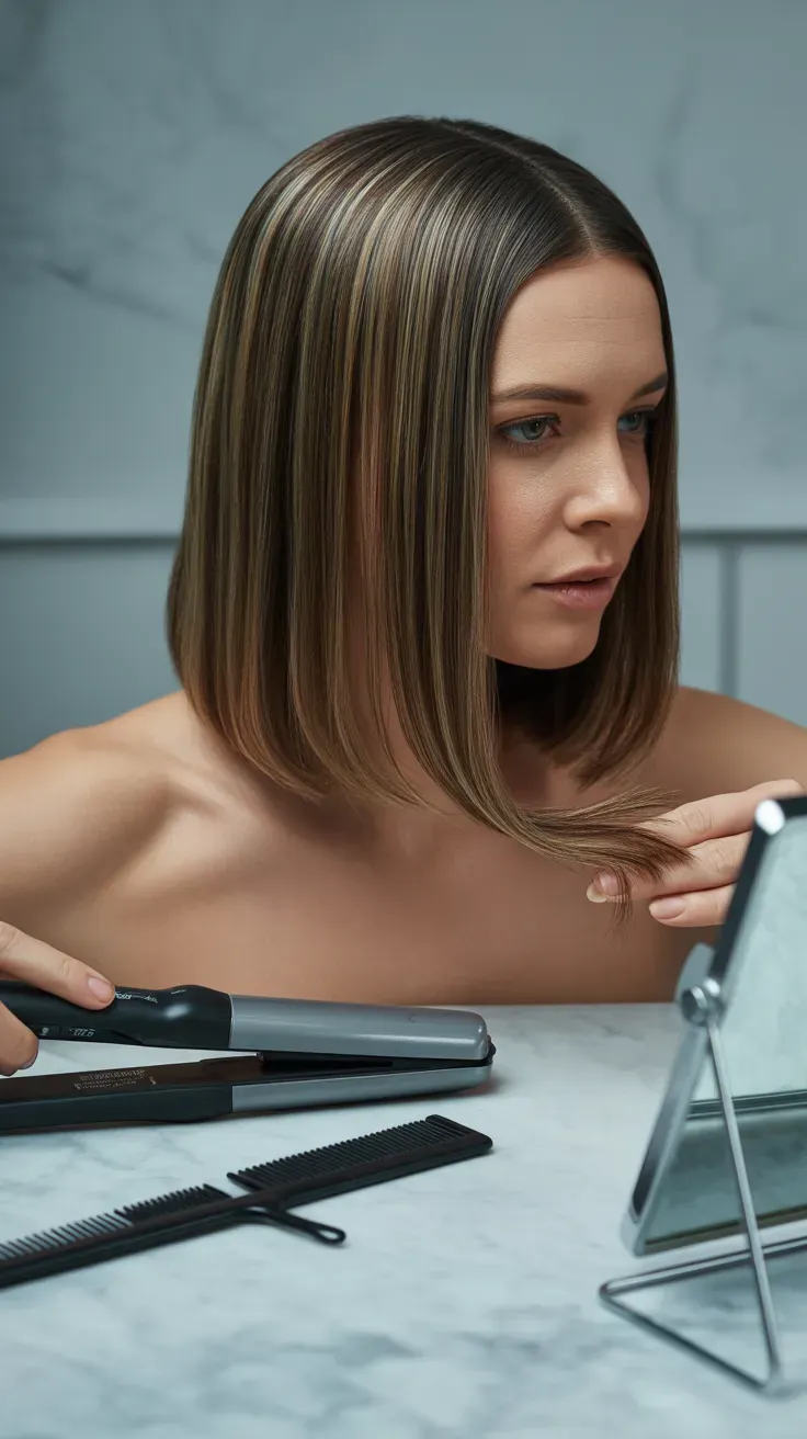 Sleek straight shag lob haircut on woman with fine hair