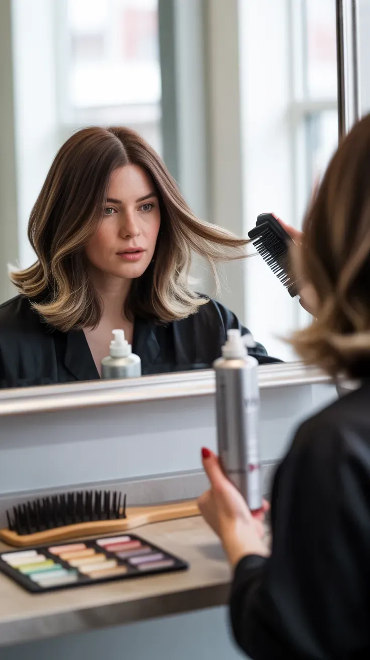 Shag lob haircut with subtle highlights on woman with fine hair