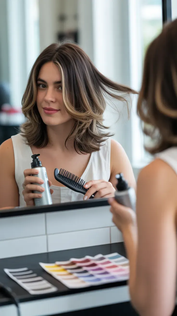 Shag lob haircut with subtle lowlights on woman with fine hair