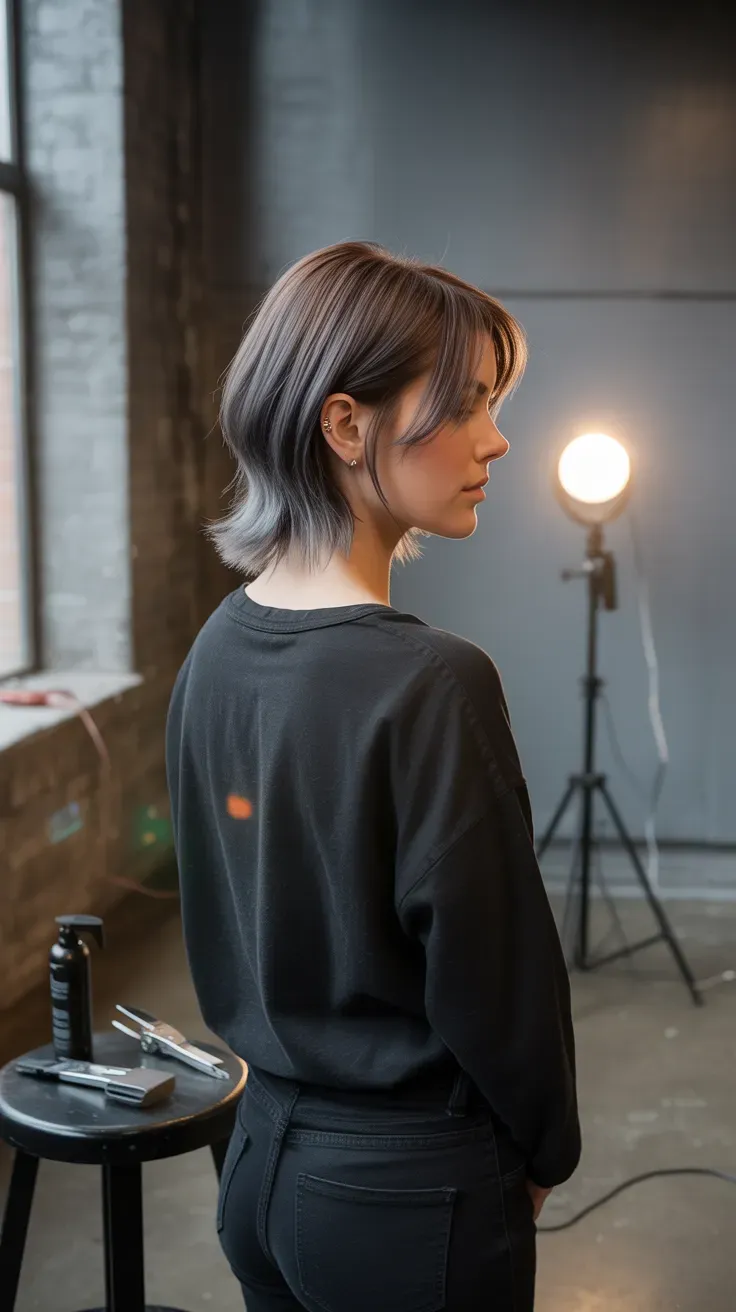Undercut shag lob haircut on woman with fine hair