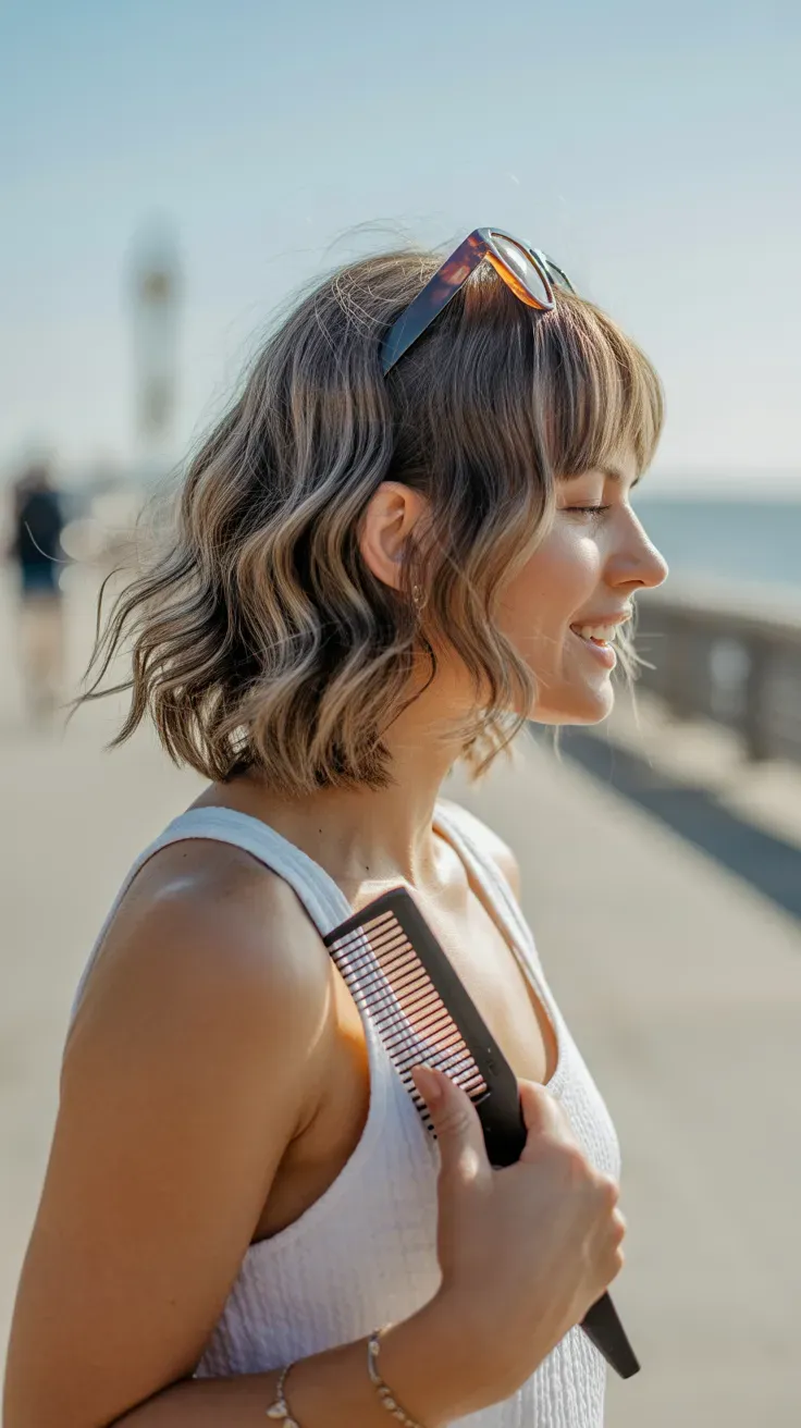 Wavy shag lob haircut on woman with fine hair and natural texture