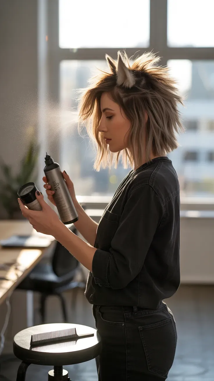 Wolf-inspired shag lob haircut with textured spiky layers on woman with fine hair