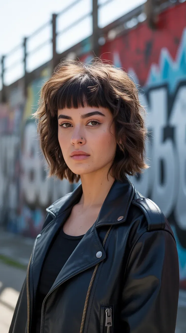 Woman with a shaggy wolf cut paired with a blunt eyebrow-skimming fringe