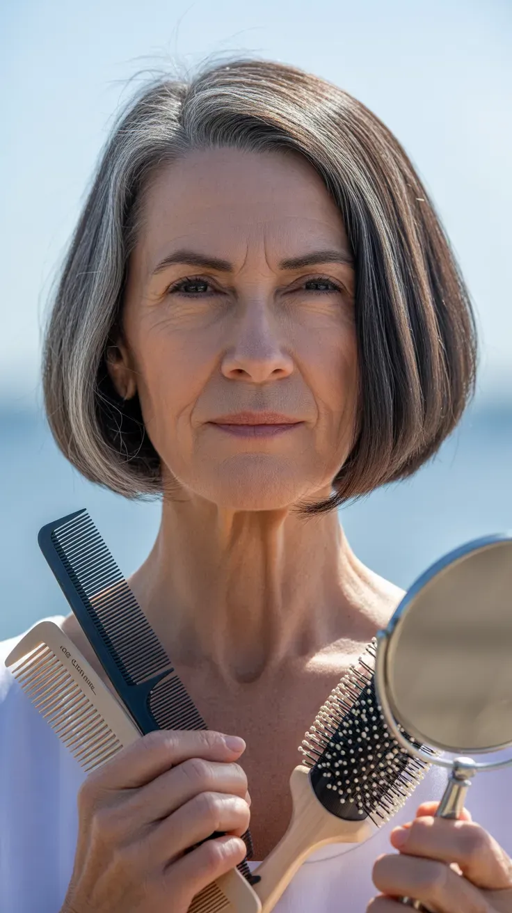 Woman over 50 with a short bob styled to showcase natural gray hair