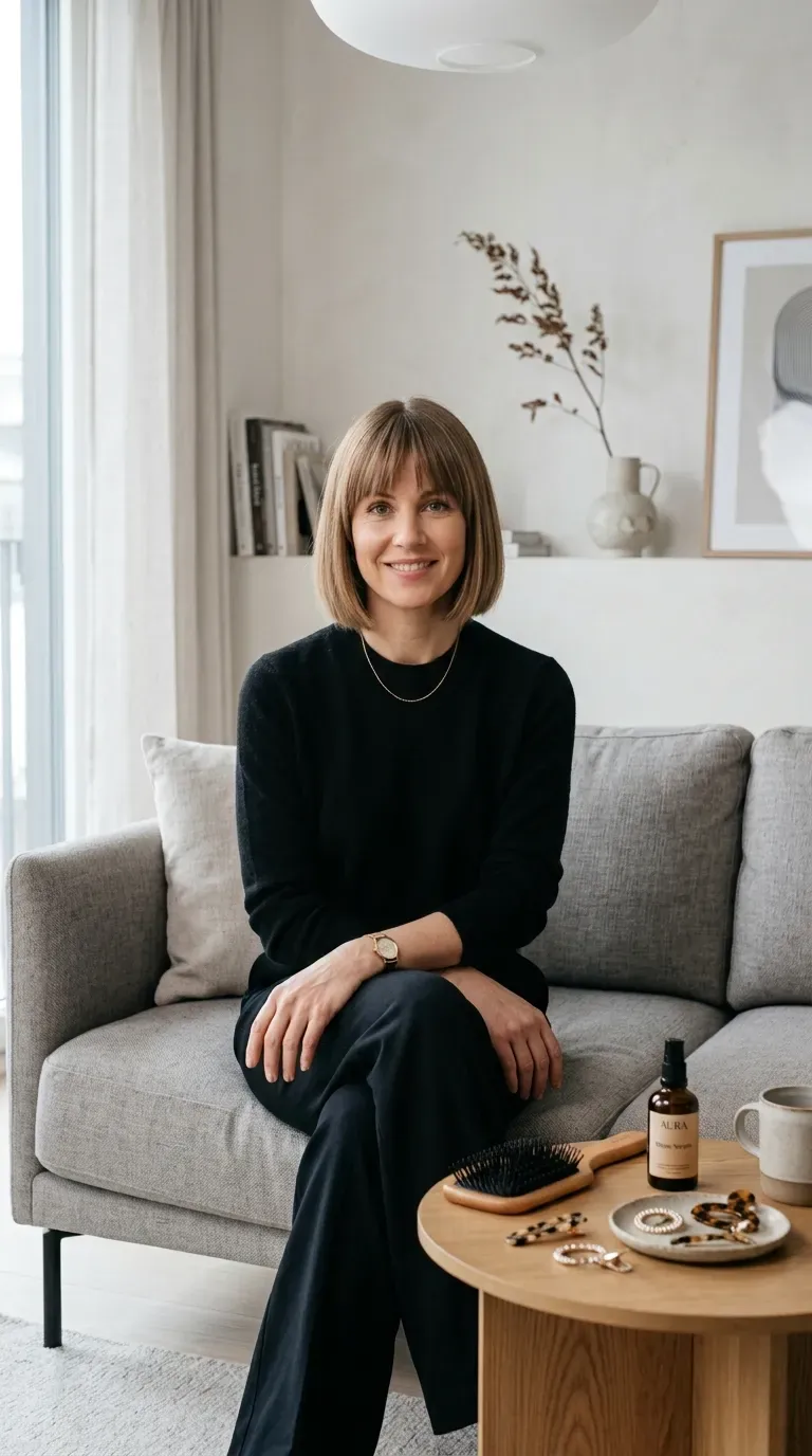 Blunt-cut bob haircut on woman with thin fine hair