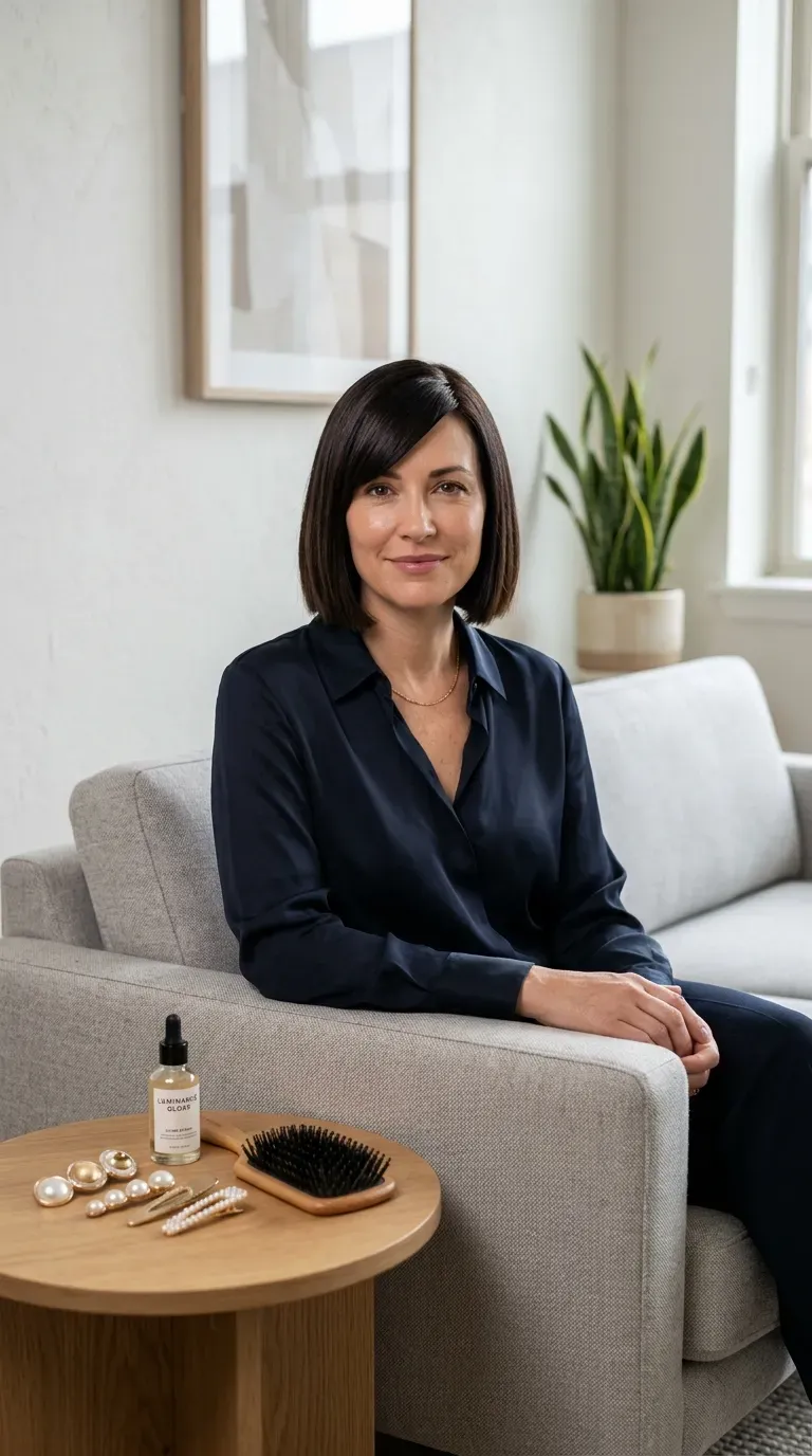 Bob haircut with blunt ends and a deep side part on woman with thin fine hair