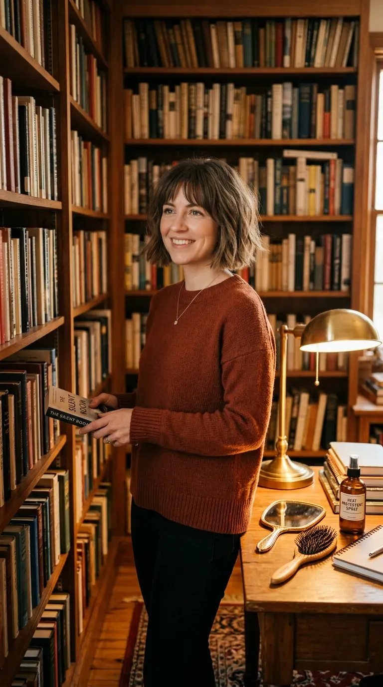 Bob haircut with wispy curtain bangs on woman with thin fine hair