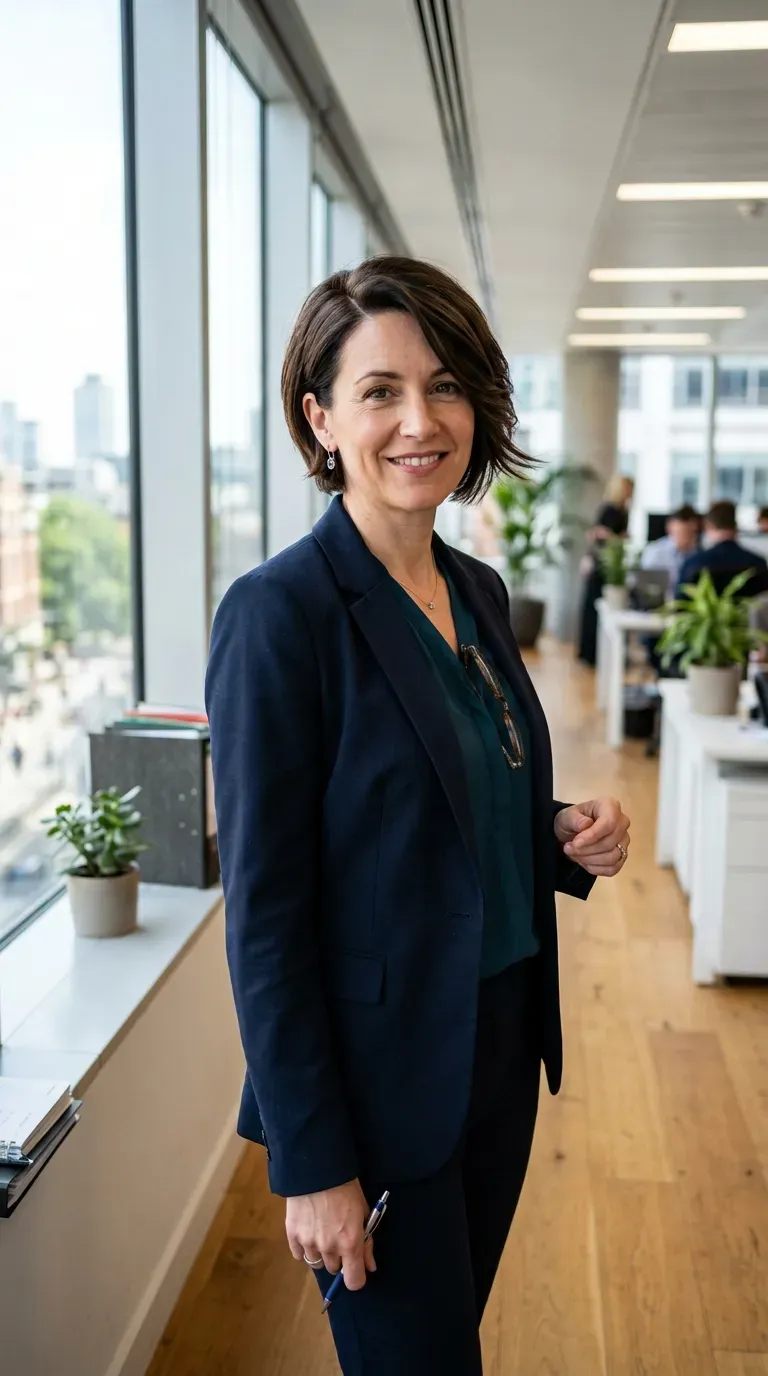 Bob haircut with a deep side part on woman with thin fine hair