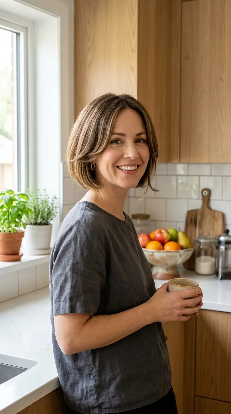 Bob haircut with face-slimming layers on woman with thin fine hair