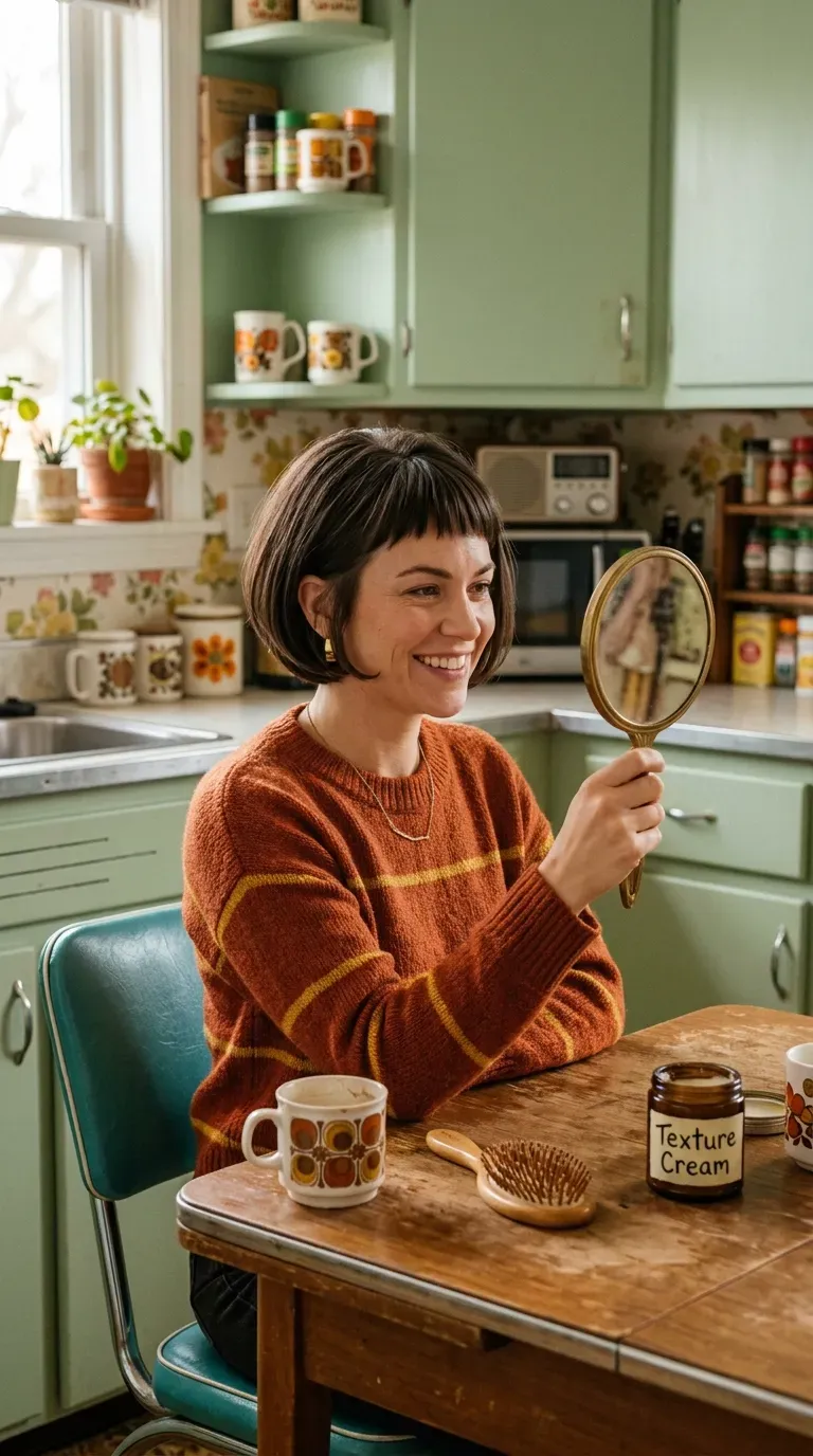 Bob haircut with micro bangs on woman with thin fine hair