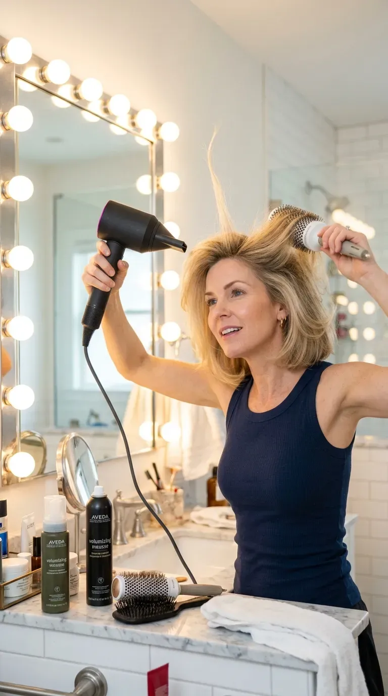 Bob haircut styled with a root volume blowout on woman with thin fine hair