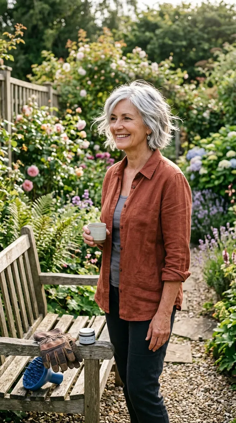 Textured silver bob haircut on gray-haired woman with thin fine hair