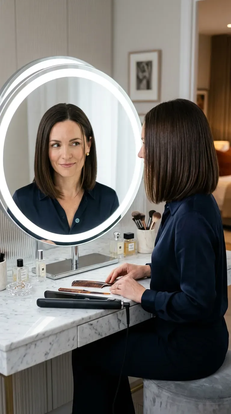 Sleek straight bob haircut on woman with thin fine hair